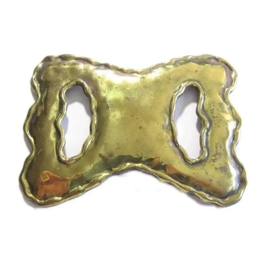 Vintage Brutalist Hammered Brass Belt Buckle Artisan‎ Wavy Organic Statement